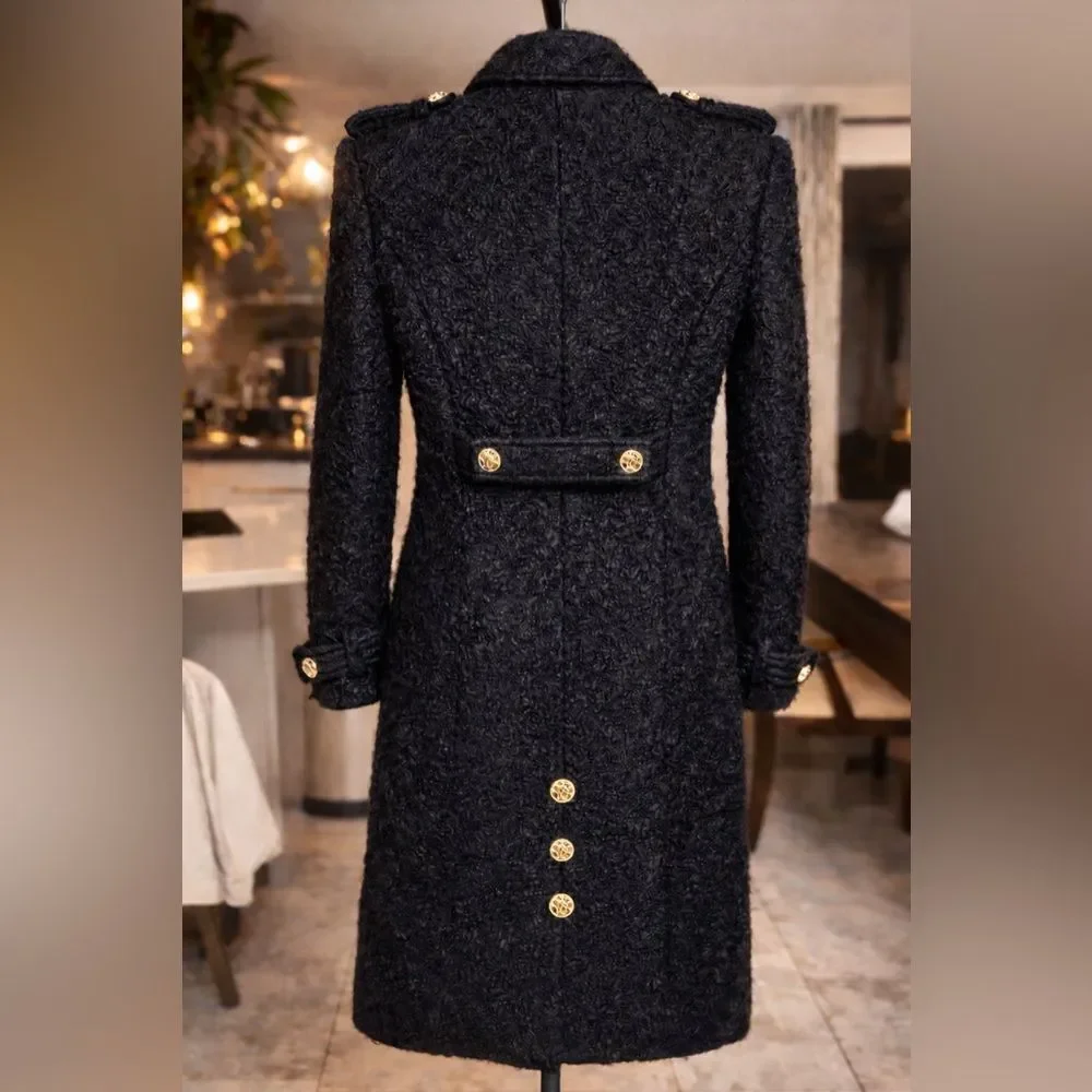 Versace Black Bouclé Wool Military Coat Gold Medusa Buttons. Size Small - Picture 2 of 6